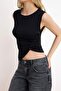 Siyah Fitted/Vücuda Oturan Kayık Yaka Düğmeli Crop Yumuşak Örme Bluz TWOSS26BZ00153 - 6