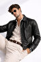 Men's Black Faux Leather Bomber Oversize Jacket with Elastic Waist and Inner Pocket - 5