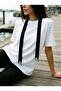 White Crew Neck Black Stripe Stone Detailed Oversize Women's T-Shirt - 2