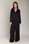 Geraldine Satin Long Sleeve Shirt Pants Set Pajama Set - Black