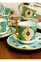 6-Person Green & Gold Detailed Luxury Porcelain Coffee Cup Set - 70 ml - 3