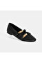 Women's Black Leather Ballerinas with Metal Buckle Accessories - 7