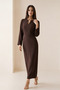 Bitter Brown Long-Sleeved Midi Dress with Accessory Detail at the Neck and Waist
