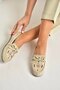 Y996073102 Beige Suede Colored Motif Embroidered Women's Ballerinas