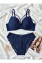 Lace Panties with Strap Support and Navy Blue Bra Set - 8