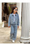 Girls' Collared Stone Blue Denim Pants and Denim Jacket Set - Holiday Wear - 2