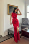 Fiona One Sleeve Draped Satin Red Evening Dress - 3