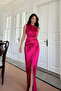 Fiona One Sleeve Draped Satin Fuchsia Evening Dress - 3