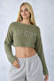 Kate Khaki Mercerized Crop Sweater with Frayed Detail - 2