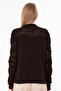 Women's Soft-Textured Gül Patterned Lace Knitted Polo Neck Knitwear Blouse 953 Brown - 4