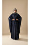 Adjustable Abaya Navy Blue/Foral Pattern Kaftan WTH Jacquard Butterfly Sleeves - 4