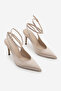 Women's Stiletto Pointed Toe Ankle Strap Open Back Classic Heeled Shoes Gisan Beige Satin - 5