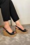 Women's Cork Black Skin 10 cm Wedge Heeled Cork Sole Open Back Shoes - 4