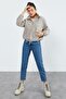 Dark Beige Half Zipper Hem Gathered Women's Fleece Standard Fit Sweatshirt - 97171 - 4
