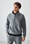 Gray Melange Half Zipper Stand Collar Elastic Leg Fleece Men's Tracksuit Set - 85159 - 4