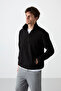 Black Half Zippered Sweatshirt Slim Fit Stand Collar Men's Fleece - 87891 - 5