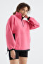 Candy Pink Half Zipper Gathered Hem Stand Collar Standard Fit Women's Fleece Sweatshirt - 97236 - 4