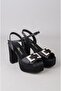 Seç 850 Platform Heelled Evening Dress Shoes (Heel:10,5Cm, Platform:4Cm) Black Satin - 3