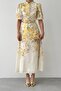 Yellow Floral Print Button Detail Belted Premium Design Linen Dress - 2
