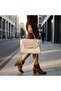 Women's Cream Crocodile Leather Bag with Lock Detail - 2