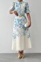 Blue Floral Print Button Detail Belted Premium Linen Dress - 7