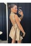 Metallic Metallized Lame Fabric Pocket Balloon Skirt Back Low Cut V Neck Night Party Invitation Evening Dress - 4