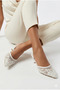 White Mesh Embroidery and Bead Detailed Pointed Toe Women's Heeled Bridal Shoes - 5