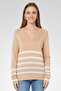 Women V-Neck Stripe Sweater, Beige - 2