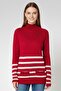 Women Mock Neck Stripe Sweater, Red - 2