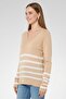Women V-Neck Stripe Sweater, Beige - 3
