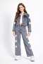 Smoked Floral Print Buttoned Jacket and Jeans Girls' Jean Set 23736 - 2