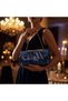 Women's Navy Blue Satin Chain Strap Evening Dress Clutch Portfolio and Crossbody Bag - 4
