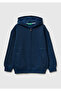 Boy's Dark Navy Blue Multi Printed Zipper Hooded Sweatshirt