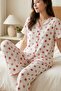Women's Strawberry Patterned Piped V-Neck Short Sleeve Six Long Ribbed Knit Pajama Set