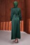 Emerald Green Satin Evening Dress with Cufflinks and Belt at the Waist - 5