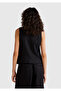 Women's Black 100% Linen Front Button Buttoned V-Neck Vest - 3