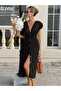 Women's Black Wrinkled Midi Dress - V-Neck Buttoned Front Bell Sleeves - 2