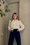 Women's White Vintage Scallop Embroidered Pleated Long Balloon Sleeve Cotton Linen Romantic Shirt - 8