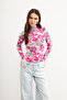 Women's Gray Pink Floral Patterned Body Suit with Finger Detail - 2