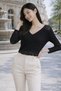Women's Knitwear Blouse Black V-Neck Long Sleeve Openwork Lace Detailed Knitted Patterned Loose Seasonal - 5