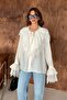 Women's White Lace Layered Tie-Neck Shirt - 5