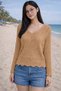 Women's Knitwear Blouse Camel V-Neck Long Sleeve Openwork Lace Detailed Knitted Patterned Loose Seasonal - 6