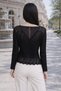 Women's Knitwear Blouse Black V-Neck Long Sleeve Openwork Lace Detailed Knitted Patterned Loose Seasonal - 3