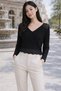Women's Knitwear Blouse Black V-Neck Long Sleeve Openwork Lace Detailed Knitted Patterned Loose Seasonal