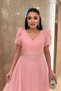 Organza Chiffon Fabric Short Sleeve Midi Dress - Pink - 4