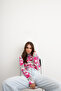 Women's Gray Pink Floral Patterned Body Suit with Finger Detail - 5