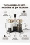 Gold Detailed 2-Piece Glass Salt and Pepper Shaker Set with Stand - Luxury Tabletop Spice Set with Metal Lid