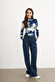 Women's Indigo Gray Square Patterned Body Suit with Finger Detail - 5