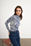 Women's Indigo Short Wave Patterned Body Suit with Finger Detail - 3