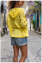 Women's Yellow Hooded Colorful Star Embroidered Long Sleeve Pocketed Drawstring Cotton Linen Shirt Jacket - 2